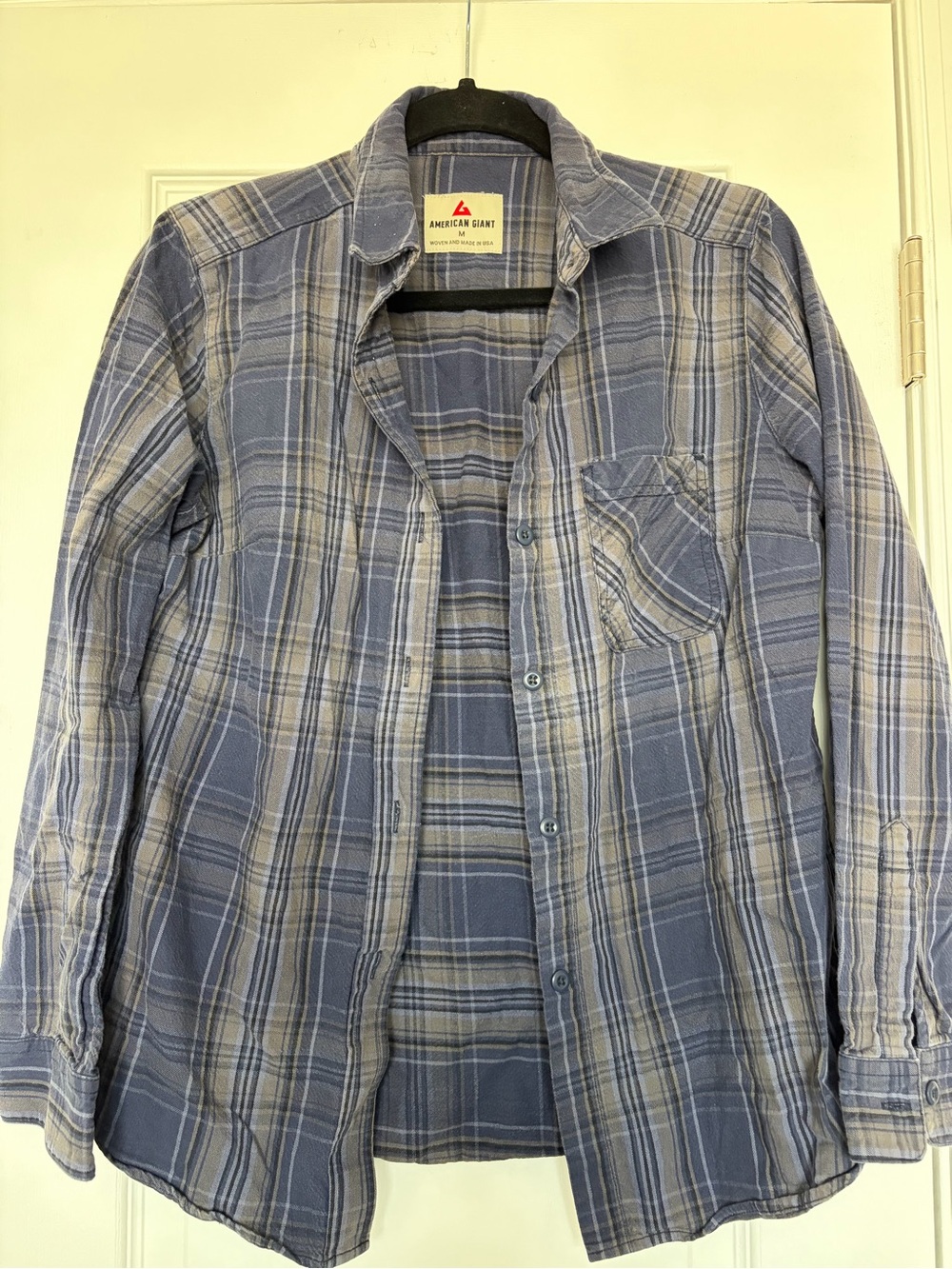 American Giant Flannel Shirt Mens M Blue Tan Plaid Button-Down Made in USA